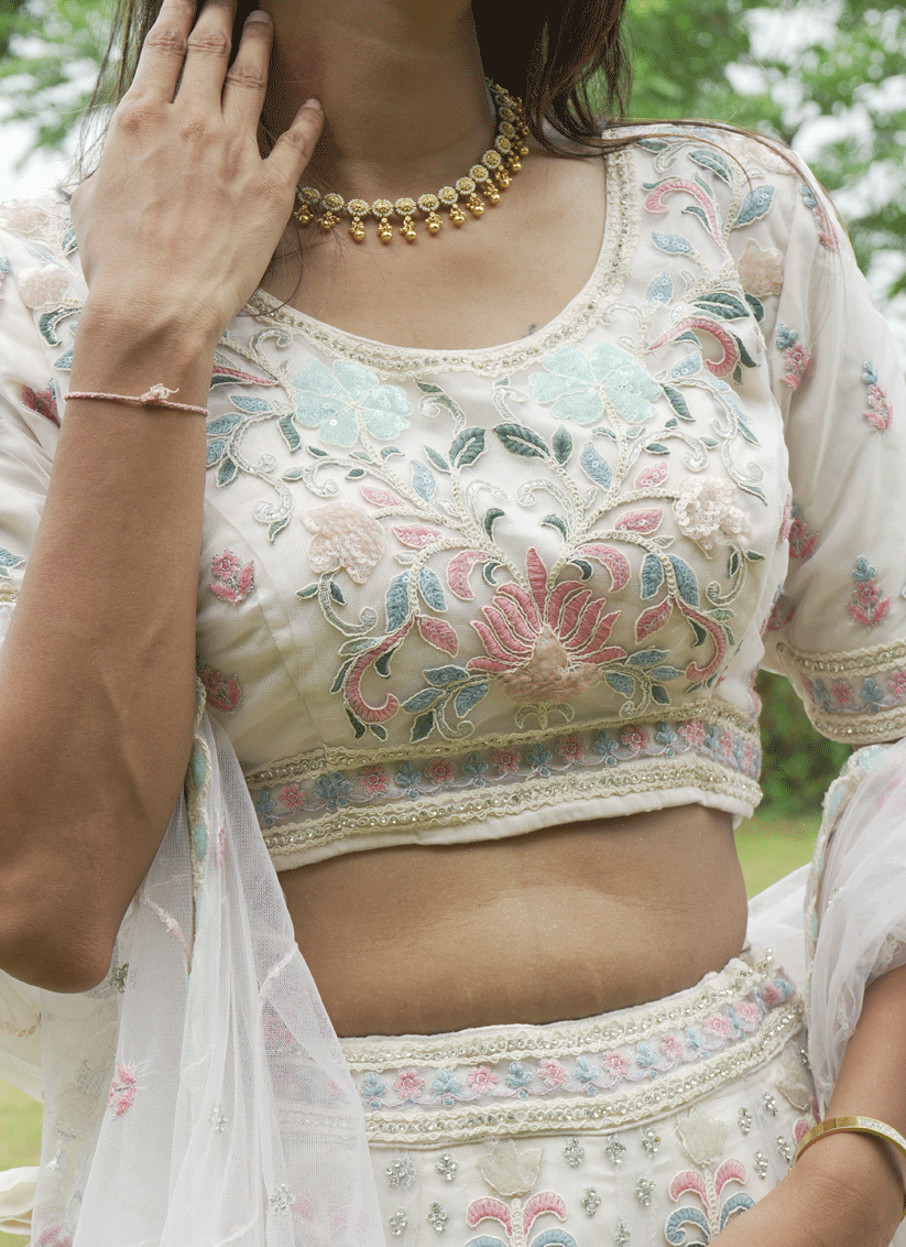 Ivory Net Heavy Thread Embroidered   Designer Lehenga Choli