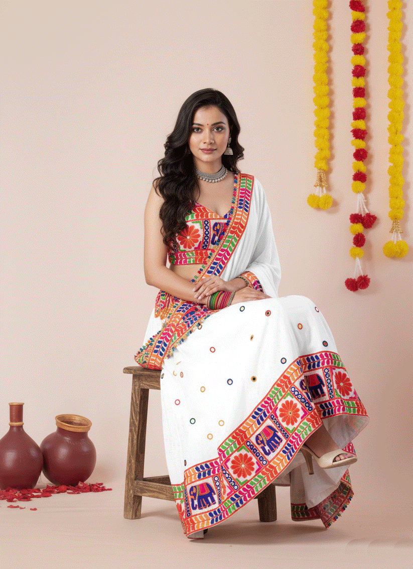 White Navratri Special Embroidered Mirror Work Chaniya Choli