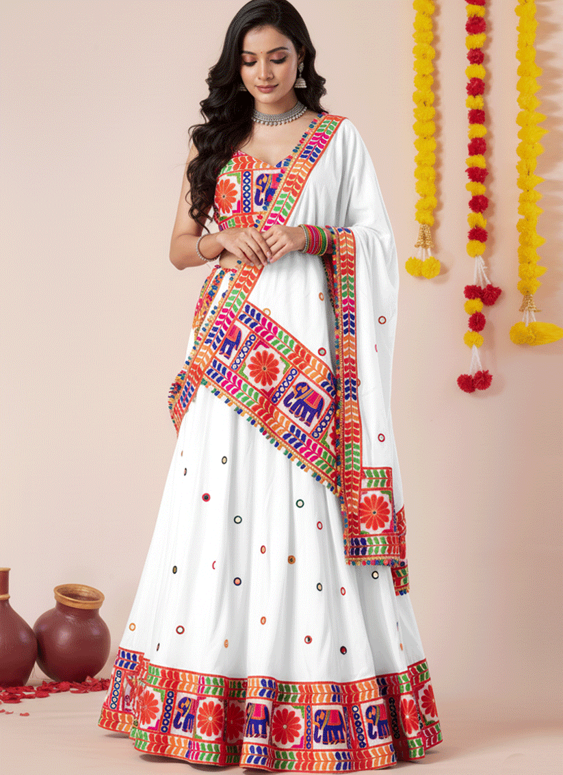 White Navratri Special Embroidered Mirror Work Chaniya Choli