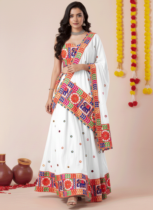 White Navratri Special Embroidered Mirror Work Chaniya Choli