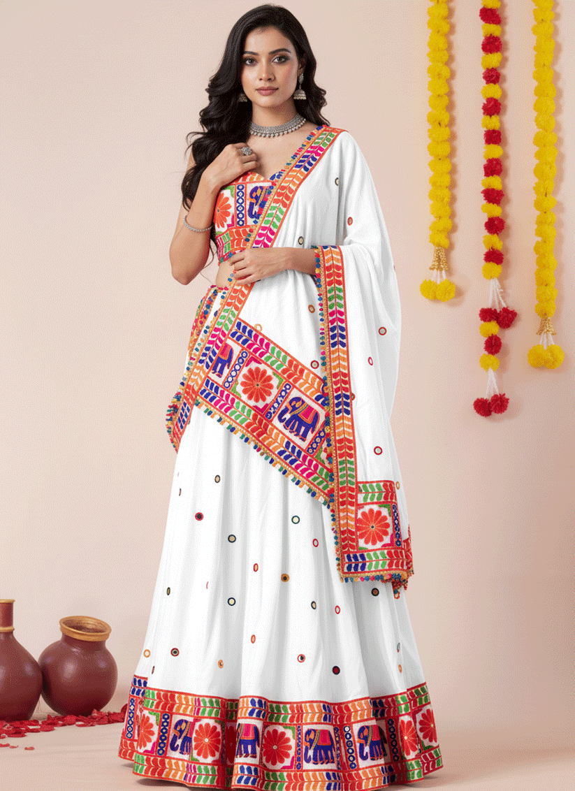 White Navratri Special Embroidered Mirror Work Chaniya Choli