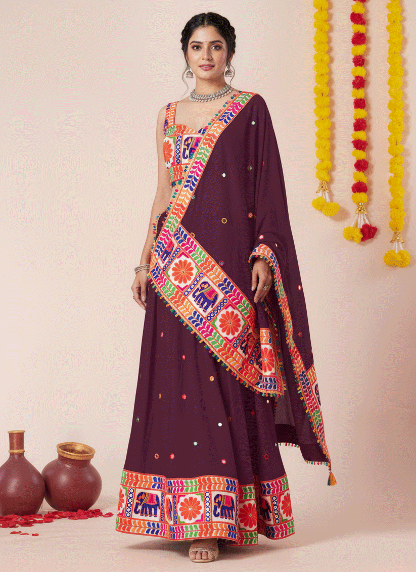 Garnet Maroon Navratri Special Embroidered Mirror Work Chaniya Choli