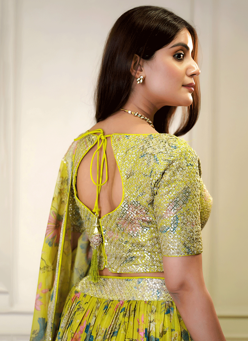Sunshine Yellow Floral Digital-Print Embroidered & Sequins Designer Lehenga Choli for Weddings