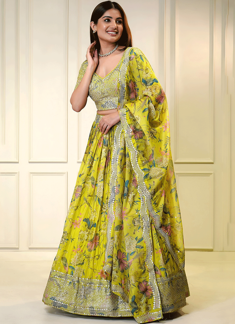 Sunshine Yellow Floral Digital-Print Embroidered & Sequins Designer Lehenga Choli for Weddings