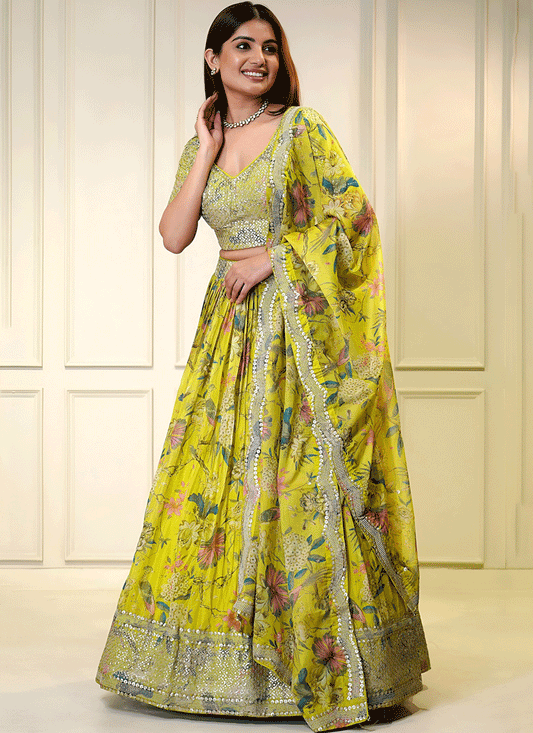 Sunshine Yellow Floral Digital-Print Embroidered & Sequins Designer Lehenga Choli for Weddings