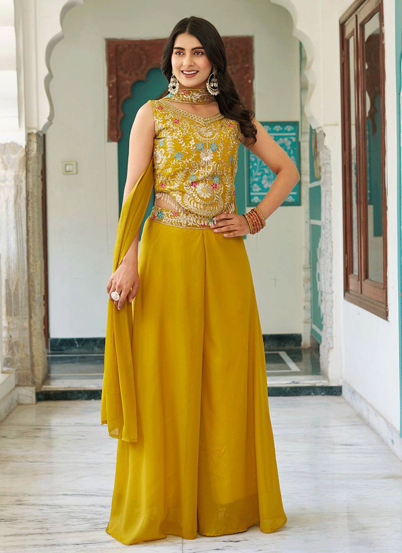 Stunning Yellow Embroidered Georgette Indo-Western Party Wear
