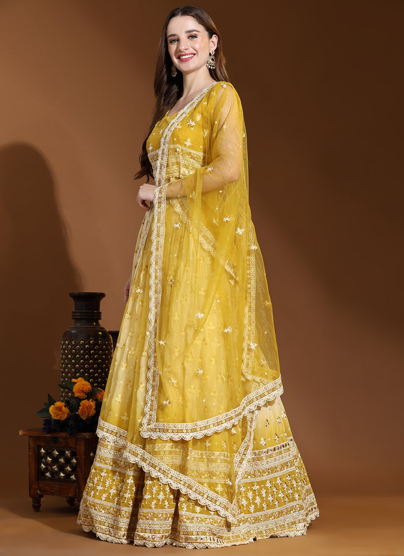 Ombre Yellow Pure Viscose Georgette Readymade Lehenga Choli