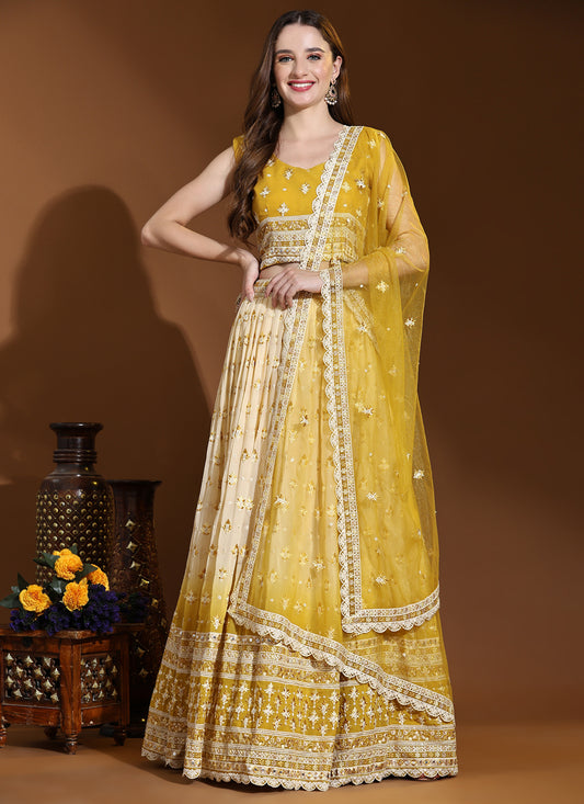 Ombre Yellow Pure Viscose Georgette Readymade Lehenga Choli