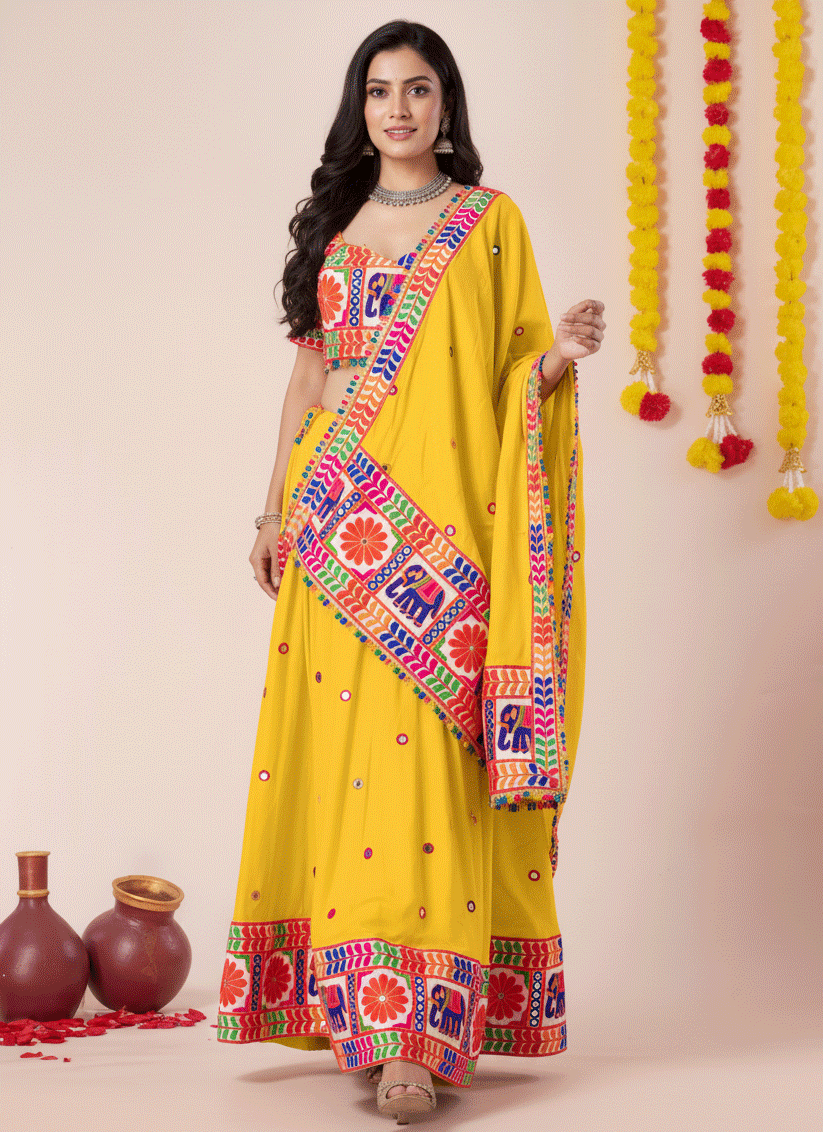 Sunny Yellow Navratri Special Embroidered Mirror Work Chaniya Choli