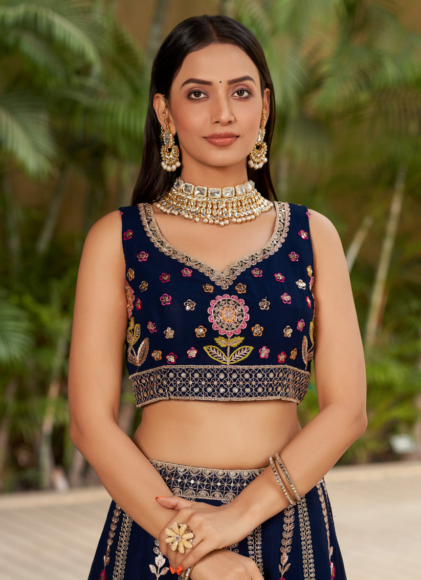 Navy Blue Georgette Lehenga Choli Set