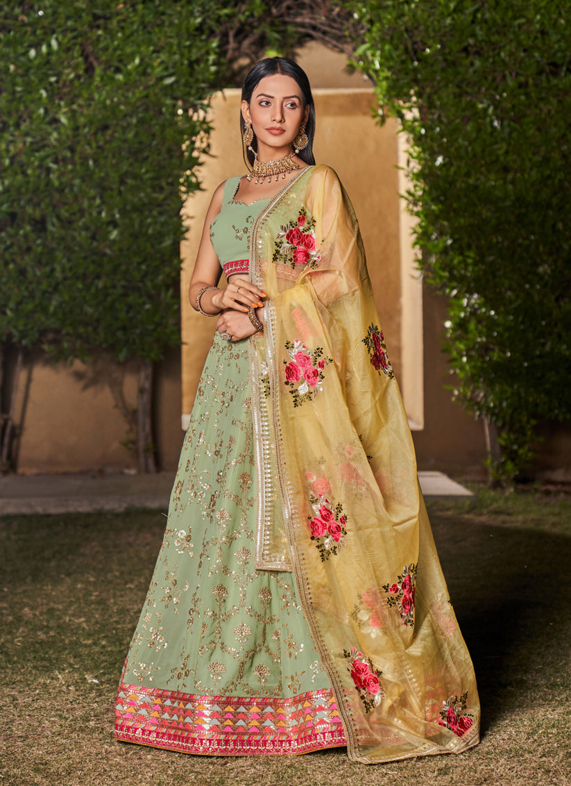 Pista Green Georgette Lehenga Choli Set