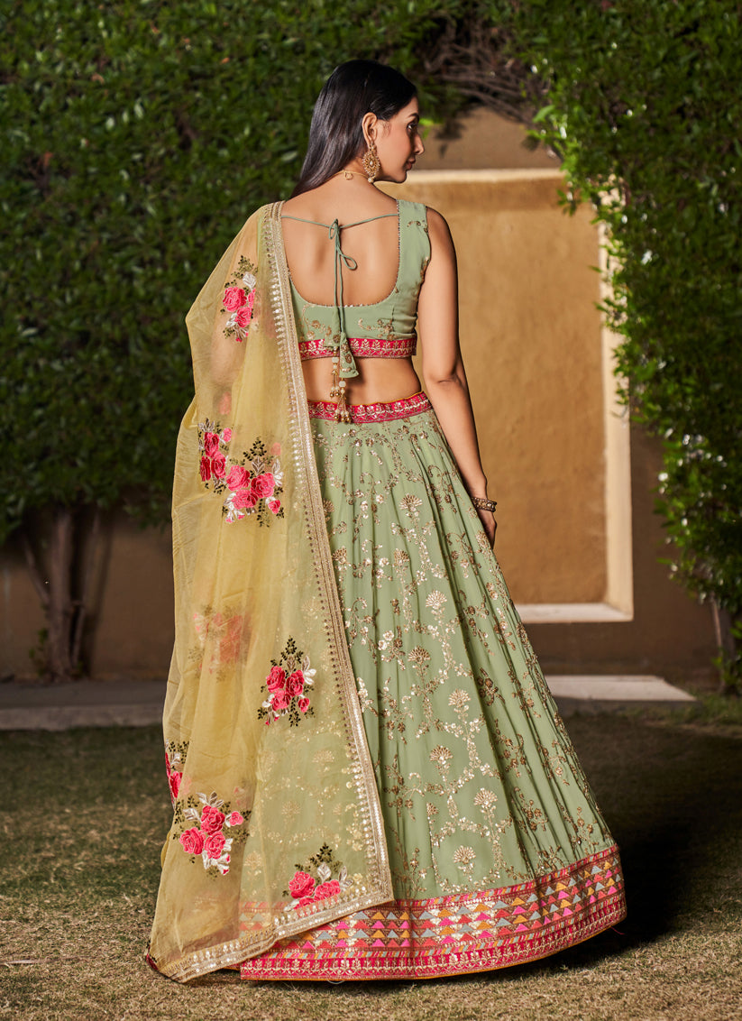 Pista Green Georgette Lehenga Choli Set