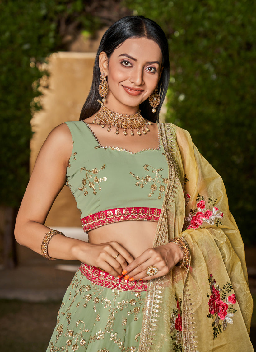 Pista Green Georgette Lehenga Choli Set