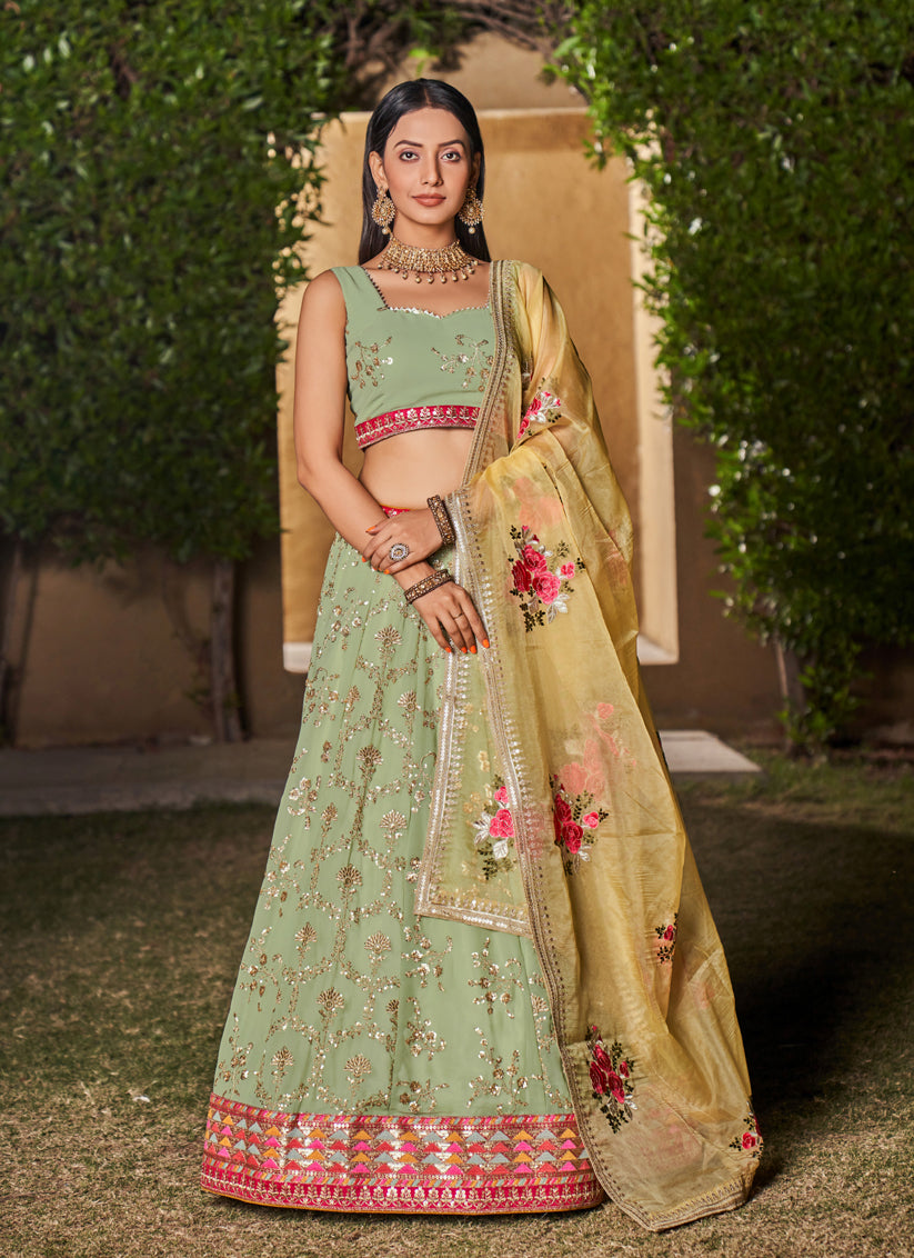 Pista Green Georgette Lehenga Choli Set