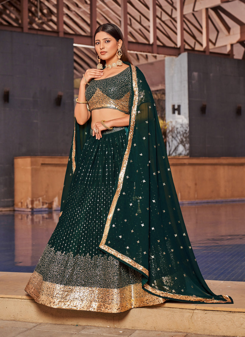 Bottle Green Georgette Lehenga Choli Set