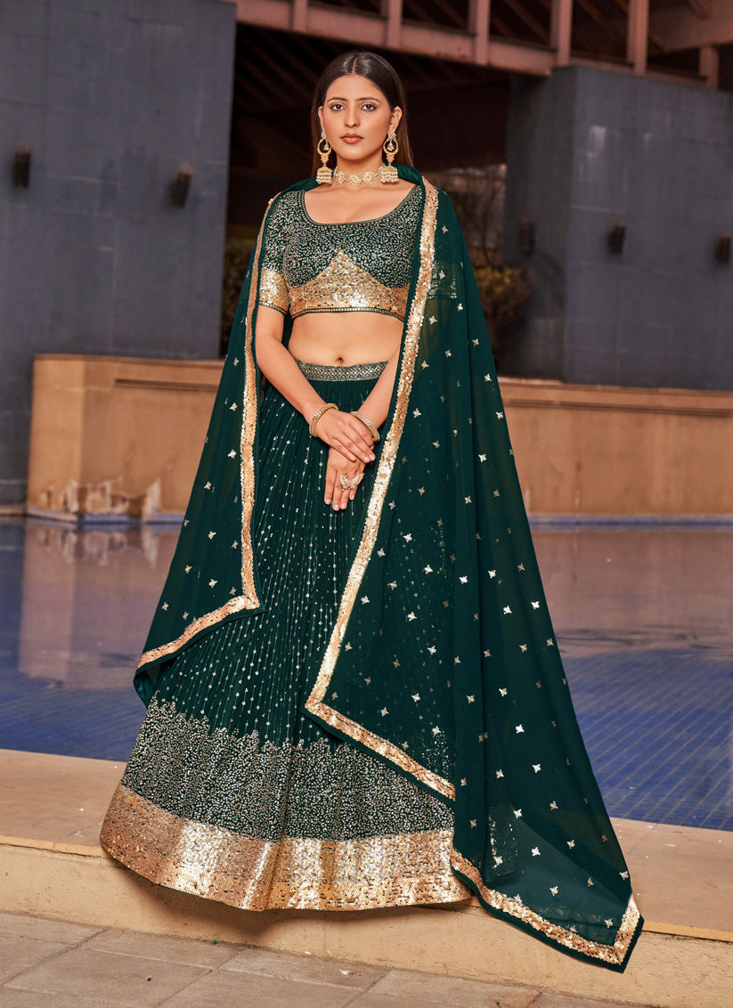 Bottle Green Georgette Lehenga Choli Set