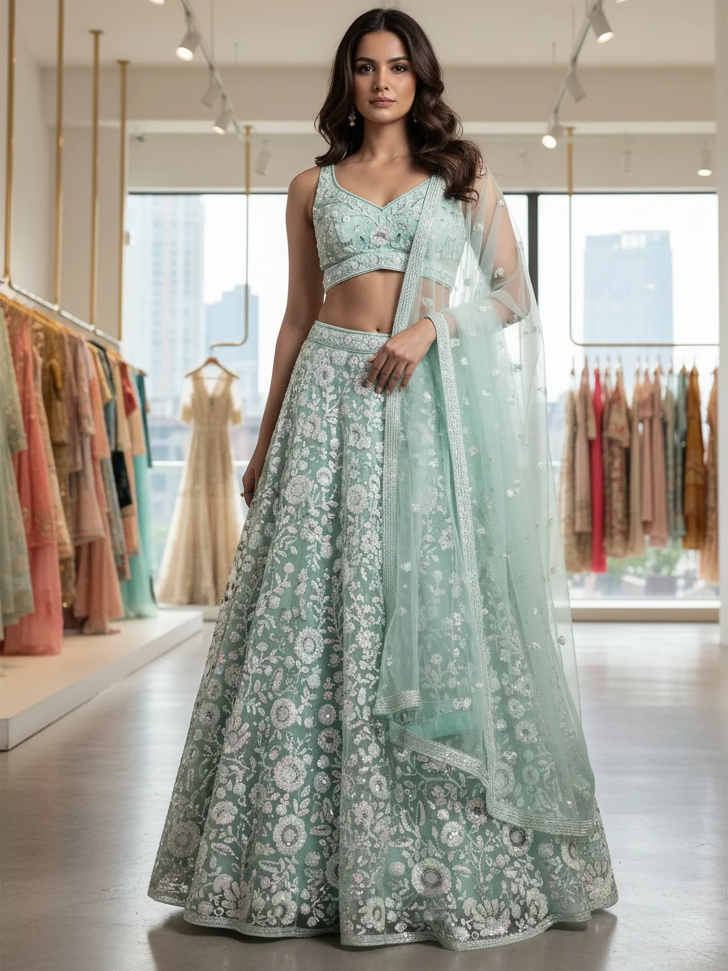 Graceful Mint Green Sequin Net Reception Lehenga with Blouse