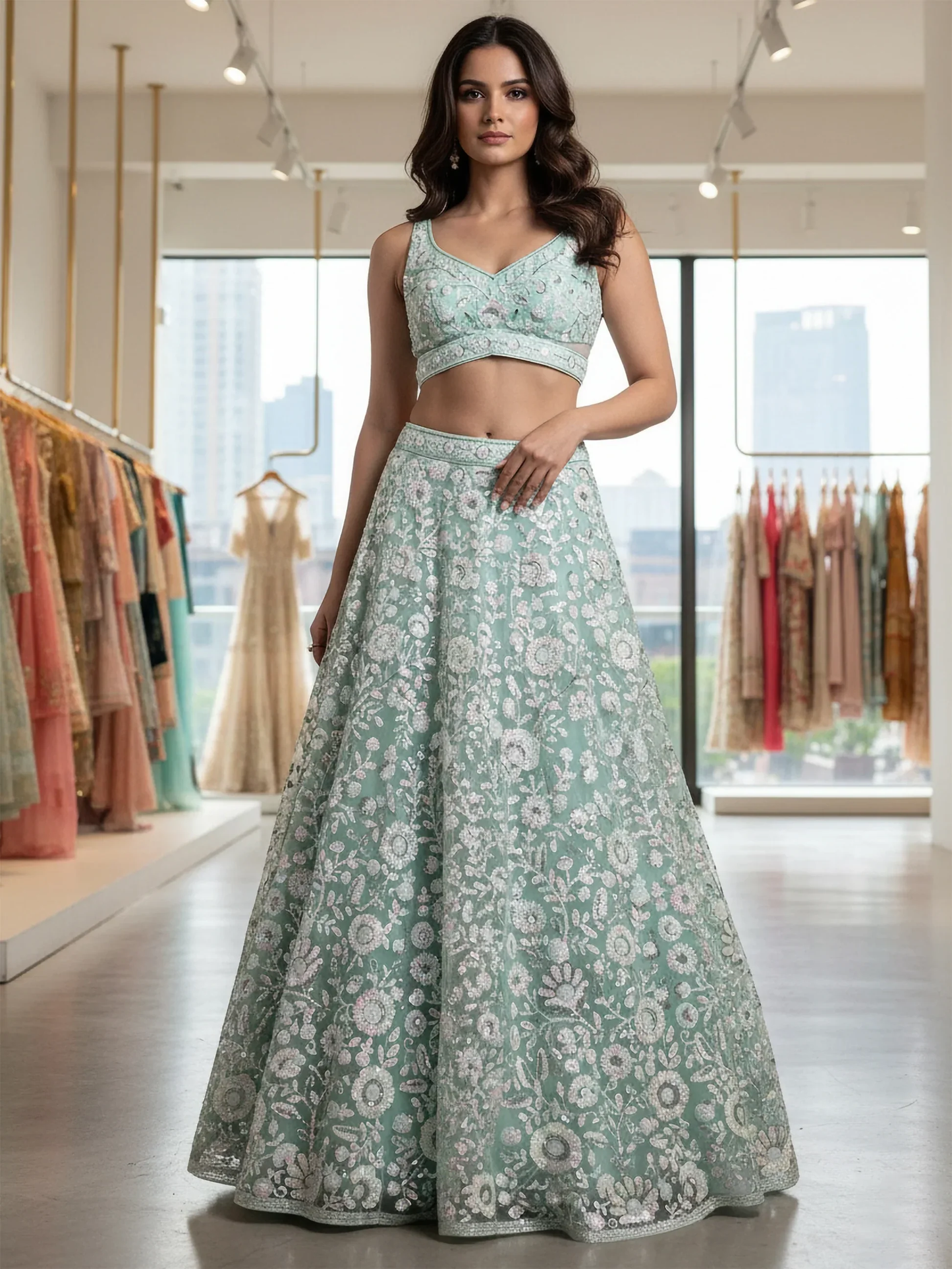 Graceful Mint Green Sequin Net Reception Lehenga with Blouse