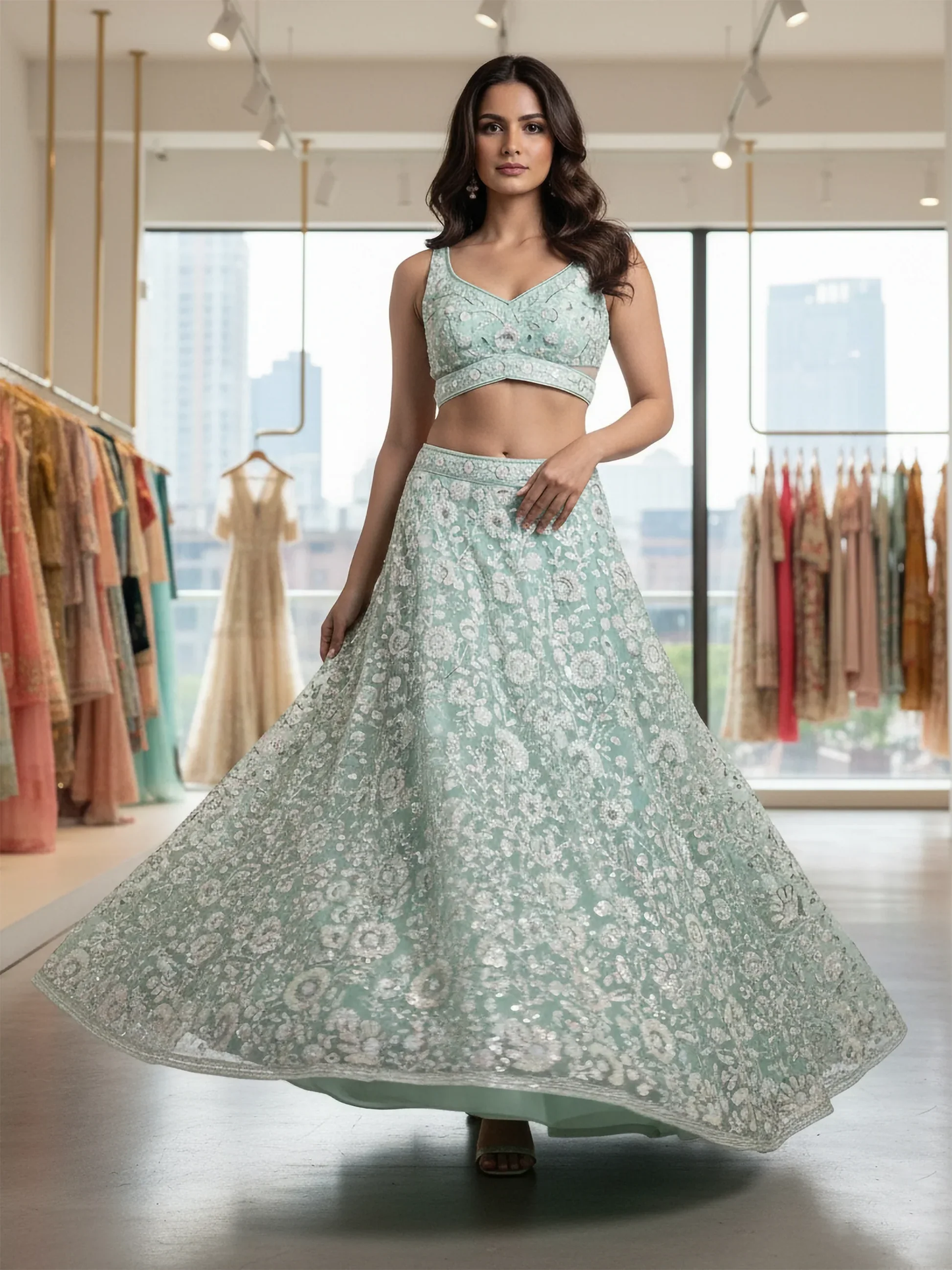 Graceful Mint Green Sequin Net Reception Lehenga with Blouse