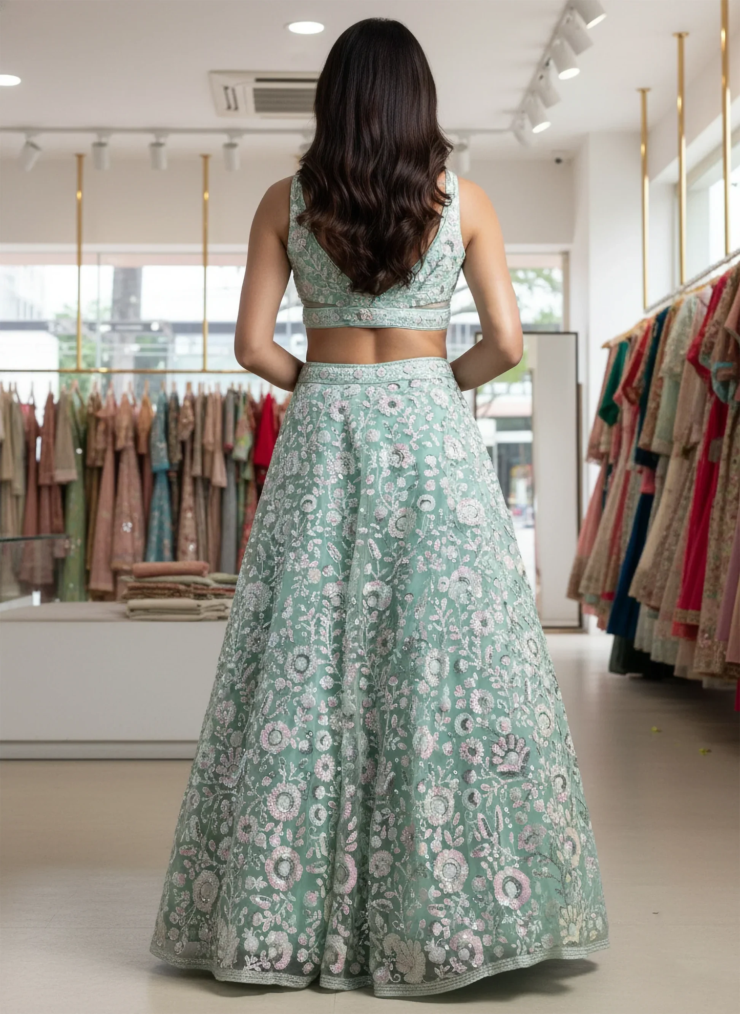 Graceful Mint Green Sequin Net Reception Lehenga with Blouse