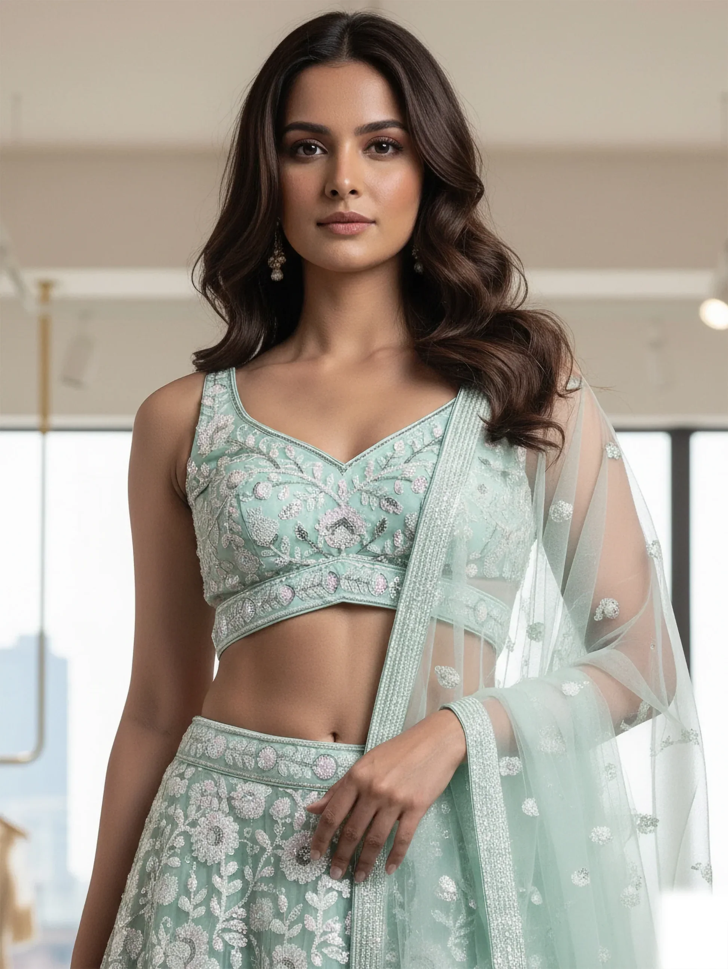 Graceful Mint Green Sequin Net Reception Lehenga with Blouse