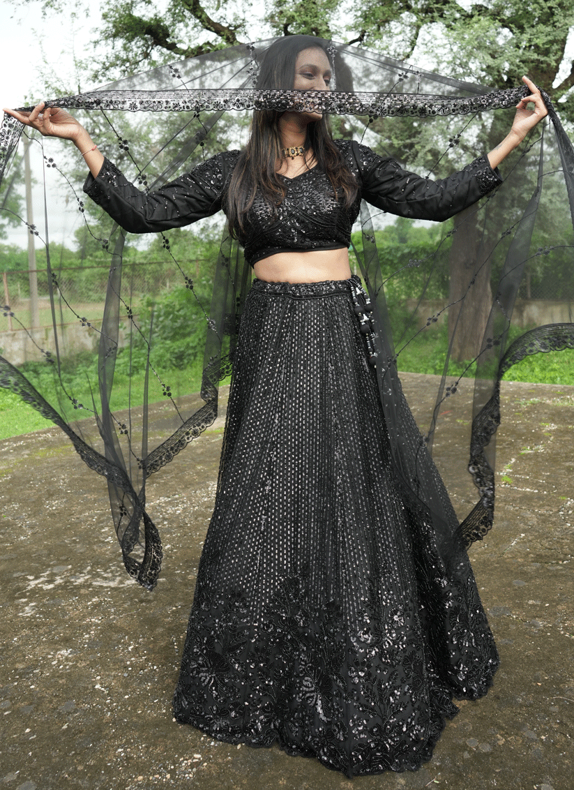 Black Net Heavy Embellished Designer Lehenga Choli