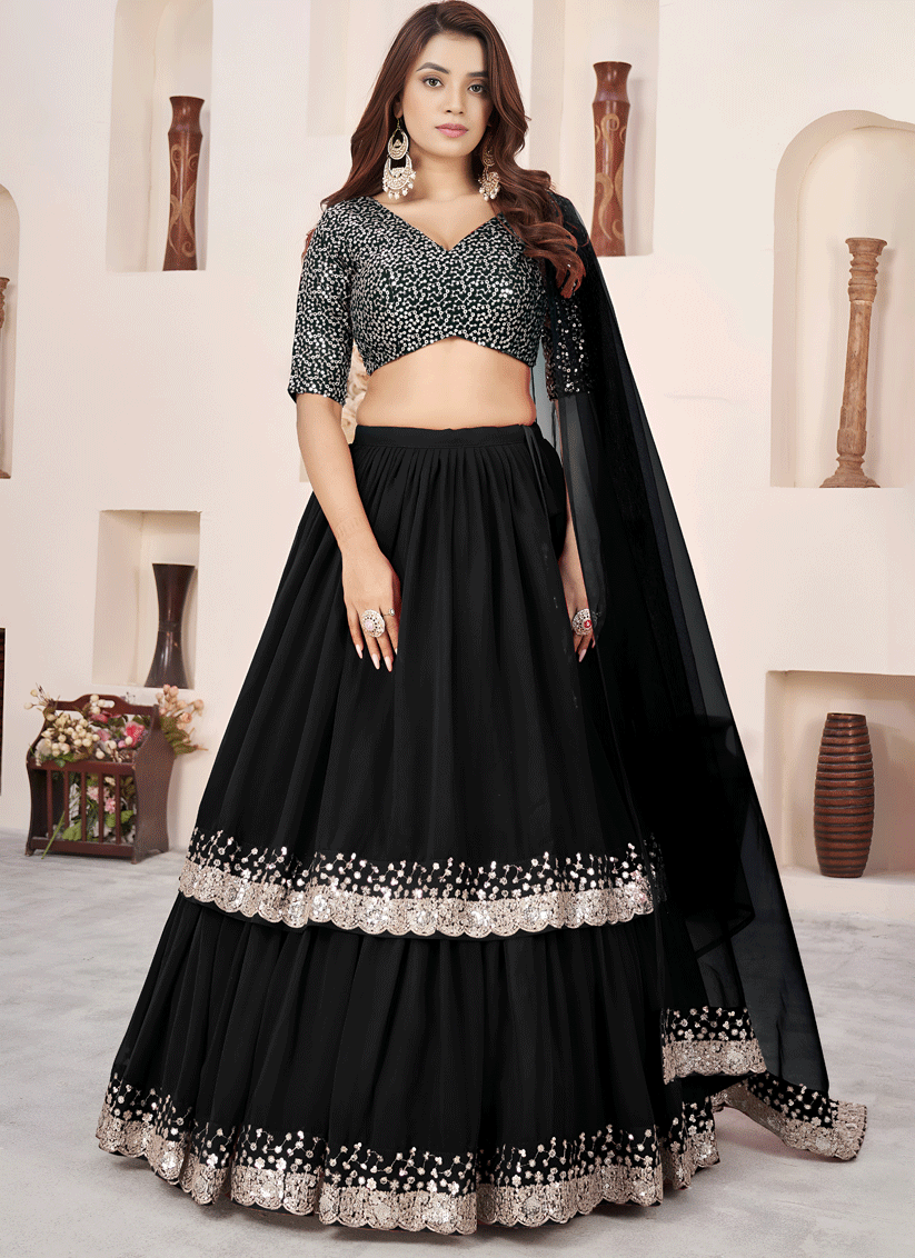 Midnight Black Sequins & Embroidered Georgette Lehenga Choli with Soft Net Dupatta