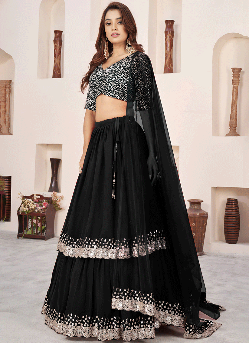 Midnight Black Sequins & Embroidered Georgette Lehenga Choli with Soft Net Dupatta