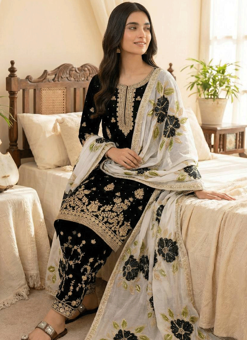 Classic Black Embroidered Top and Palazzo with Matching Dupatta