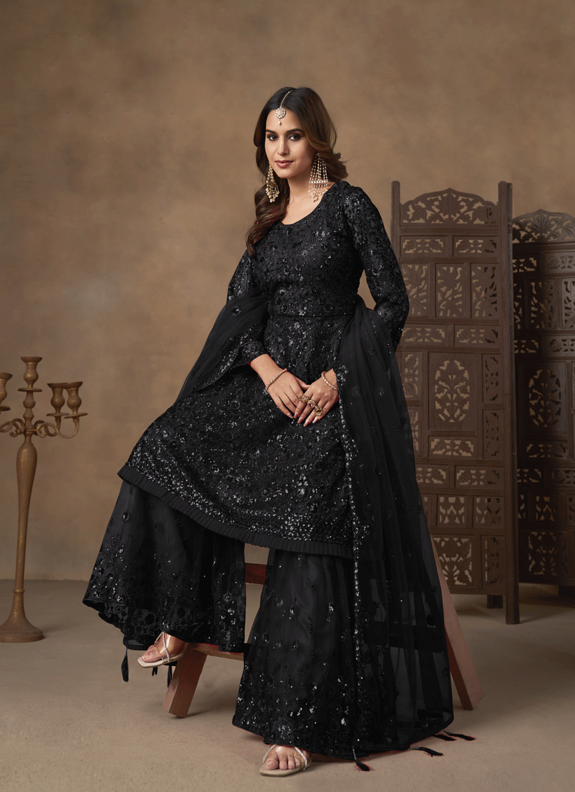 Stunning Black Designer Net Sharara Kameez for Memorable Celebrations