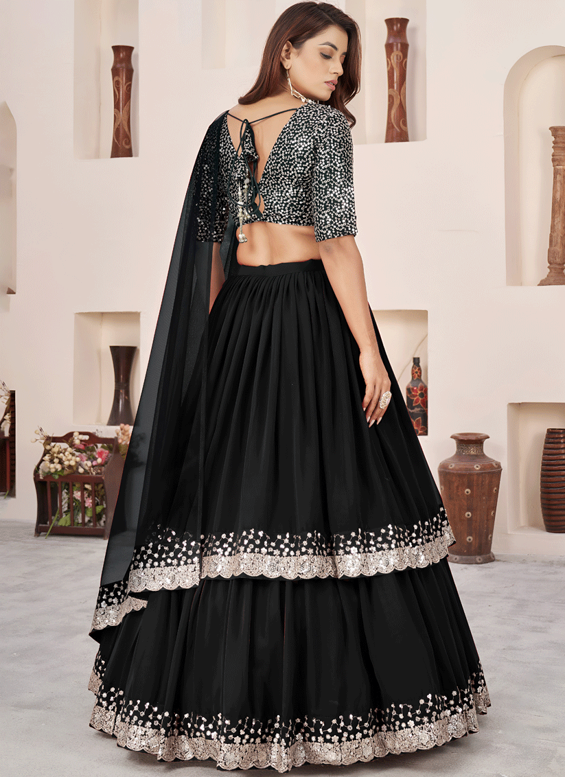 Midnight Black Sequins & Embroidered Georgette Lehenga Choli with Soft Net Dupatta