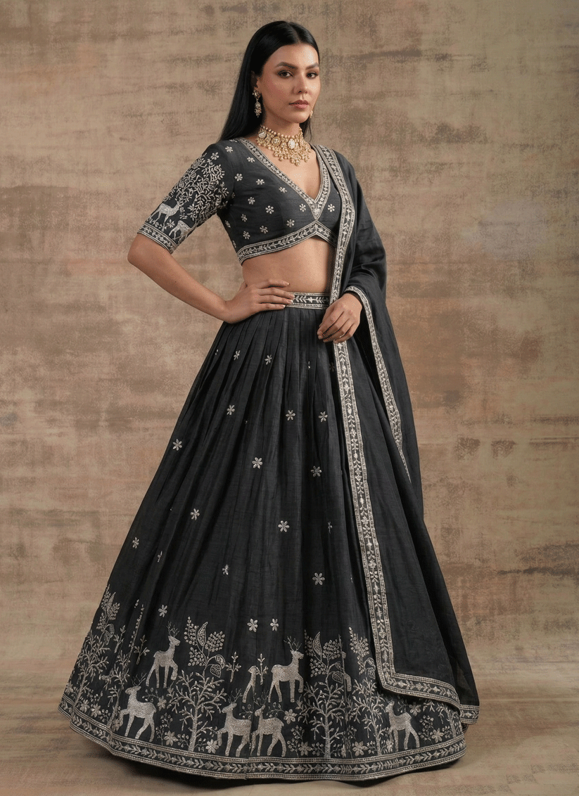 Black Satin Silk Embroidered Lehenga Choli for Women