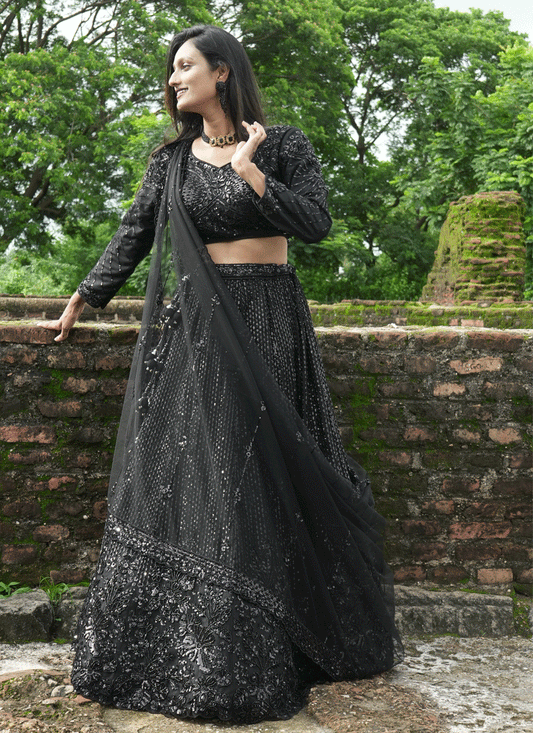 Black Net Heavy Embellished Designer Lehenga Choli