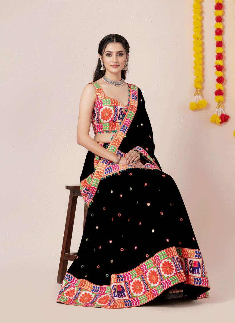 Black Navratri Special Embroidered Mirror Work Chaniya Choli