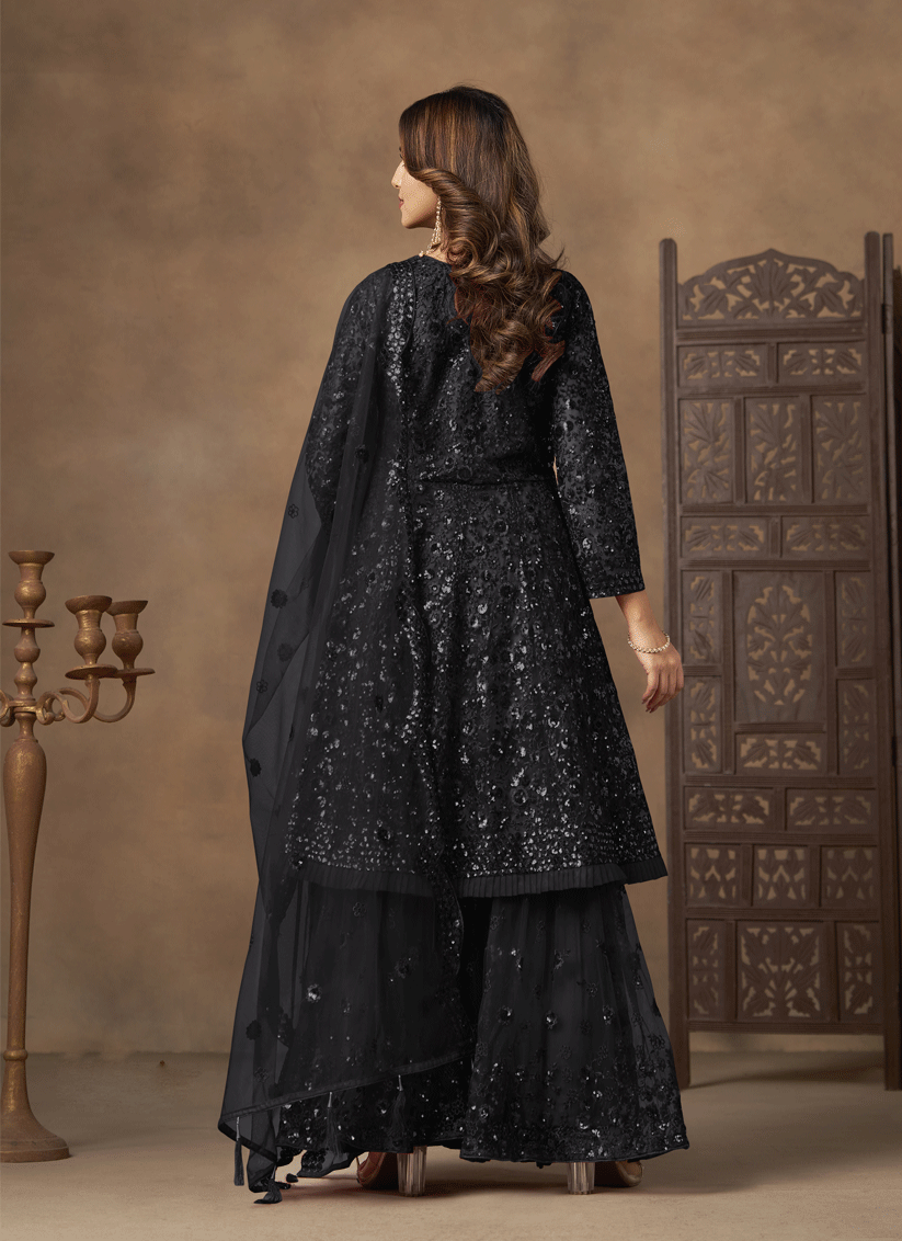 Stunning Black Designer Net Sharara Kameez for Memorable Celebrations