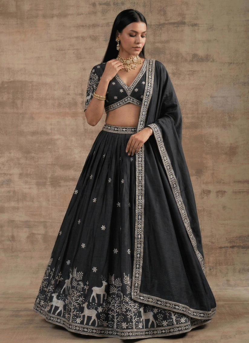Black Satin Silk Embroidered Lehenga Choli for Women