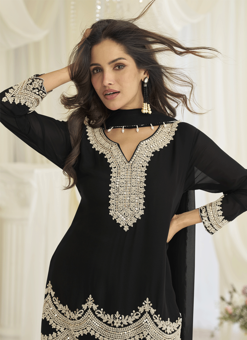 Elegant Black Georgette Heavy Embroidered Festive Wear Salwar Suit