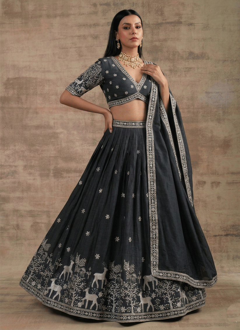 Black Satin Silk Embroidered Lehenga Choli for Women