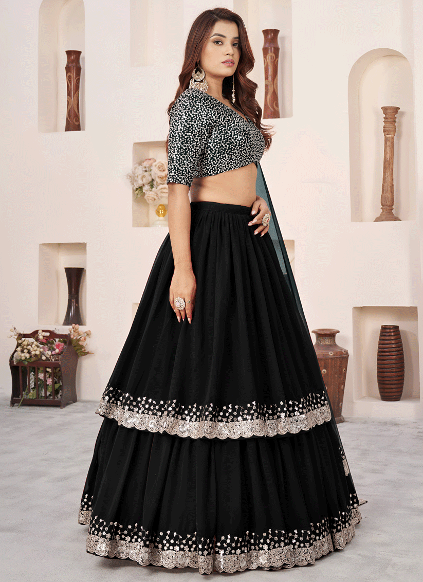 Midnight Black Sequins & Embroidered Georgette Lehenga Choli with Soft Net Dupatta