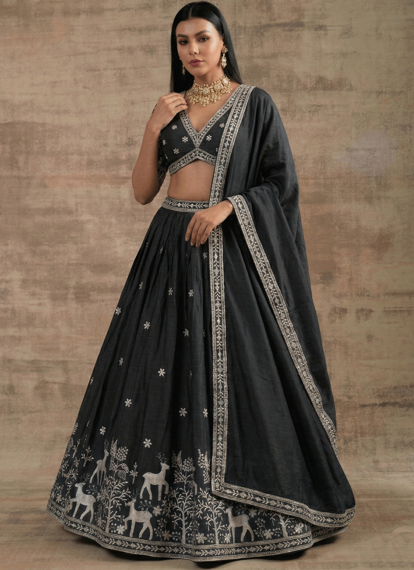 Black Satin Silk Embroidered Lehenga Choli for Women