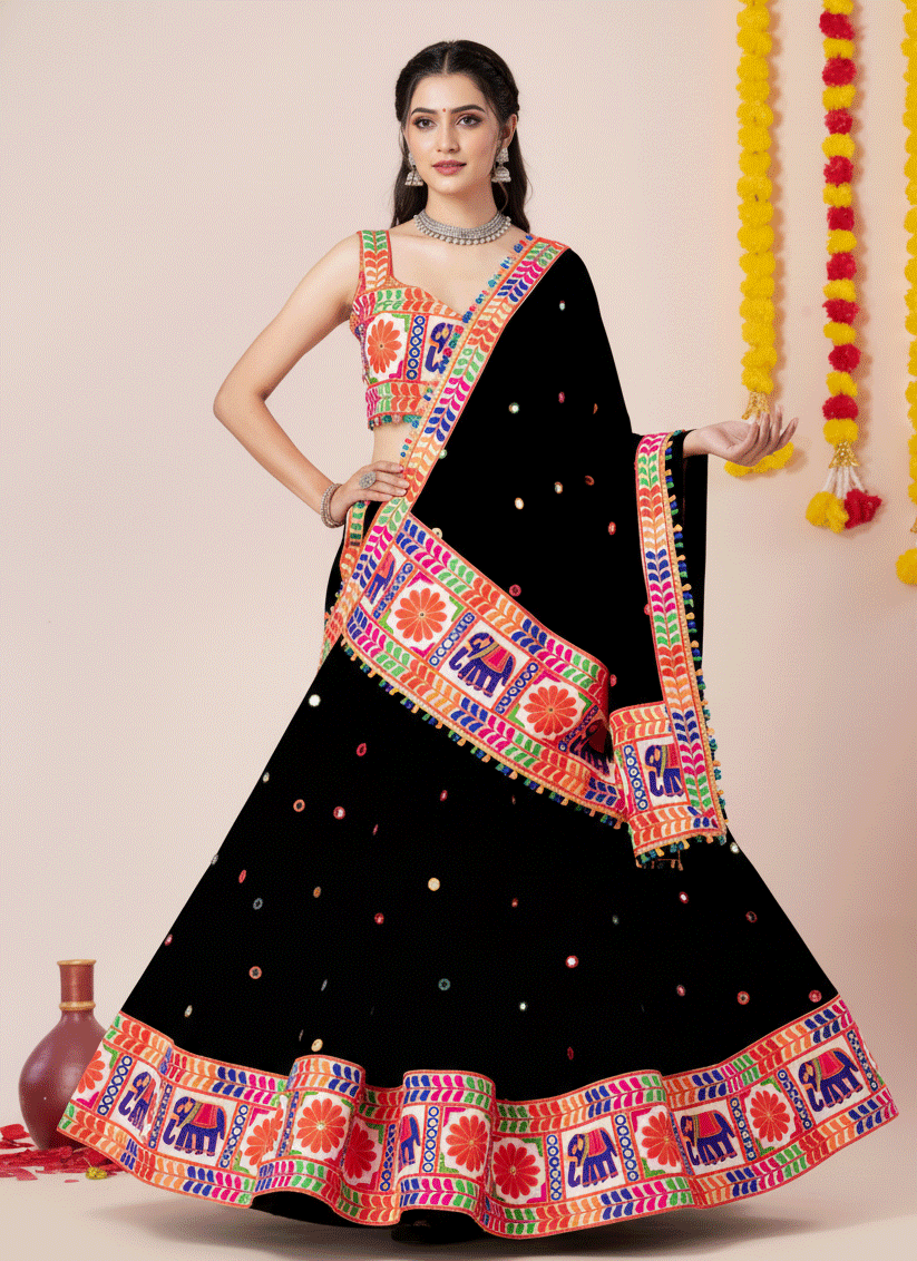 Black Navratri Special Embroidered Mirror Work Chaniya Choli
