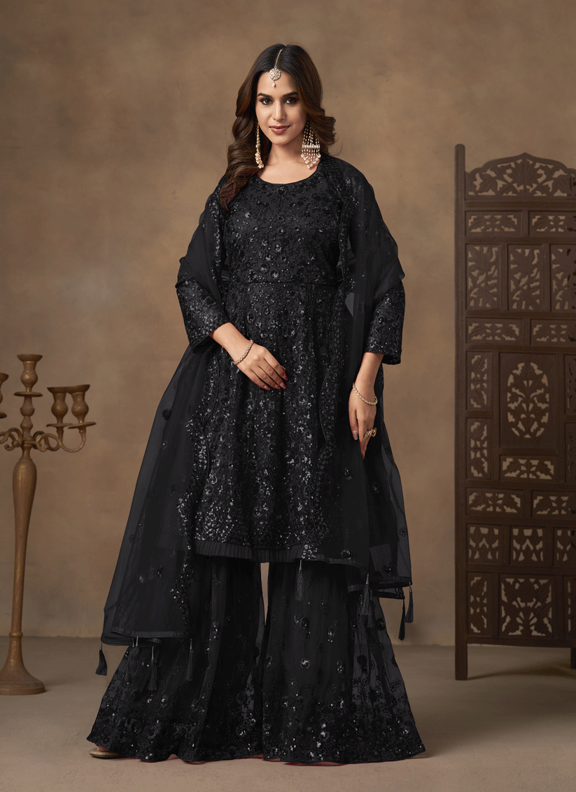 Stunning Black Designer Net Sharara Kameez for Memorable Celebrations