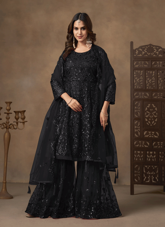Stunning Black Designer Net Sharara Kameez for Memorable Celebrations