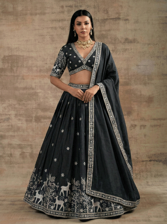 Black Satin Silk Embroidered Lehenga Choli for Women