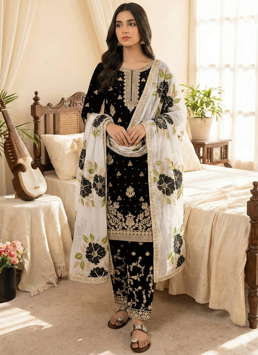 Classic Black Embroidered Top and Palazzo with Matching Dupatta