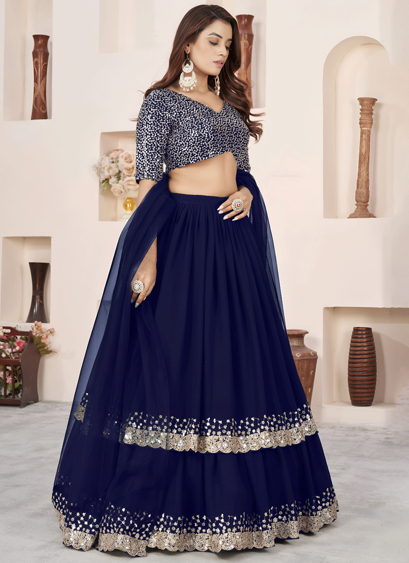 Royal Blue Sequins & Embroidered Georgette Lehenga Choli with Soft Net Dupatta