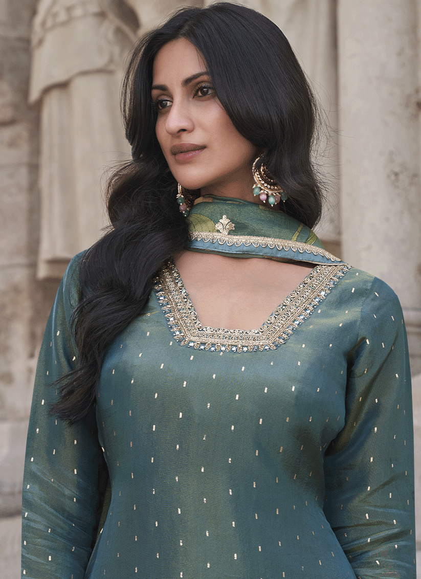 Teal Blue Shimmer Silk Festive Wear Palazzo Suit with Gota Embroidered Detailing