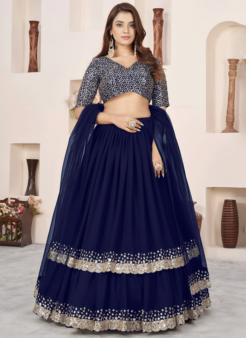 Royal Blue Sequins & Embroidered Georgette Lehenga Choli with Soft Net Dupatta