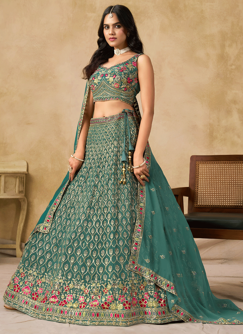 Royal Blue Georgette Lehenga Choli with Sequins & Thread Embroidery
