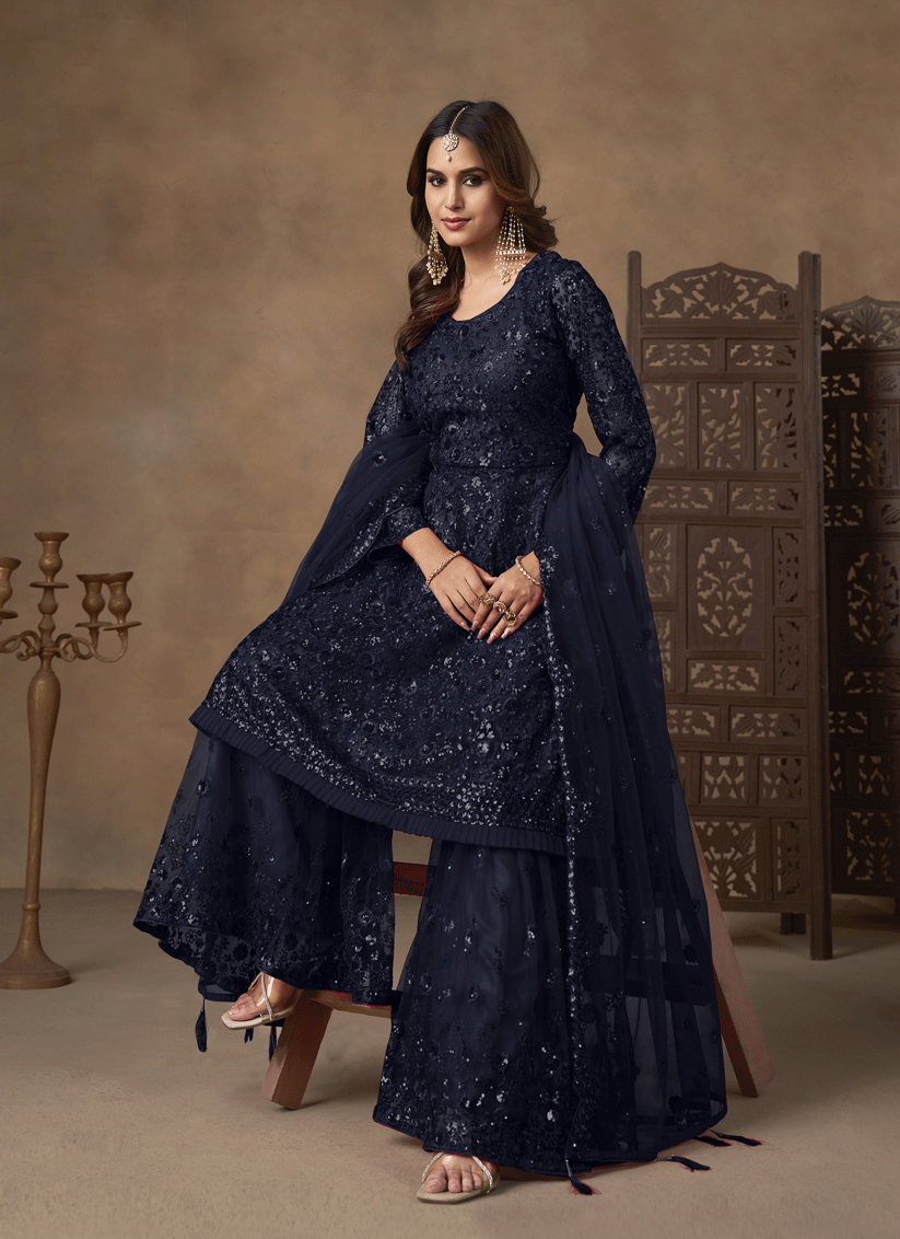 Stunning Midnight Blue Designer Net Sharara Kameez for Memorable Celebrations